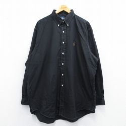XL★古着 ラルフローレン Ralph Lauren 長袖 ブランド シャツ メンズ 90年代 90s ワンポイントロゴ YARMOUTH オックスフォード 大きいサイズ ロング丈 コットン ボタンダウン 黒 ブラック 25apr18 中古 トップス