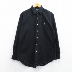 L★古着 ラルフローレン Ralph Lauren 長袖 ブランド シャツ メンズ 90年代 90s ワンポイントロゴ LOWELL オックスフォード コットン 黒 ブラック ストライプ 25may10 中古 トップス