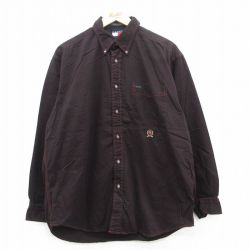 XL★古着 トミーヒルフィガー TOMMY HILFIGER 長袖 ブランド シャツ メンズ 90年代 90s ワンポイントロゴ コットン ボタンダウン 黒系 ブラック 25may12 中古 トップス