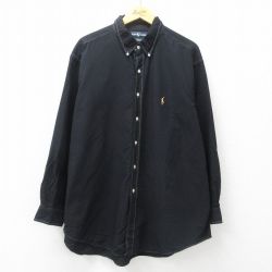 XL★古着 ラルフローレン Ralph Lauren 長袖 ブランド シャツ メンズ 90年代 90s ワンポイントロゴ YARMOUTH オックスフォード 大きいサイズ ロング丈 コットン ボタンダウン 黒 ブラック 25may12 中古 トップス