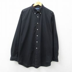 XL★古着 ラルフローレン Ralph Lauren 長袖 ブランド シャツ メンズ 90年代 90s ワンポイントロゴ YARMOUTH 大きいサイズ ロング丈 コットン ボタンダウン 黒 ブラック 25may12 中古 トップス
