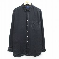 【50%OFF】XL★古着 長袖 ブランド シャツ メンズ 90年代 90s 大きいサイズ ロング丈 リネン ボタンダウン 黒 ブラック 25may14 中古 トップス
