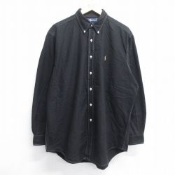 【50%OFF】XL★古着 長袖 ブランド シャツ メンズ 90年代 90s ワンポイントロゴ YARMOUTH 大きいサイズ ロング丈 コットン ボタンダウン 黒 ブラック 25may14 中古 トップス