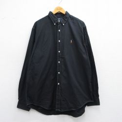 XL★古着 ラルフローレン Ralph Lauren 長袖 ブランド シャツ メンズ 90年代 90s YARMOUTH オックスフォード 大きいサイズ ロング丈 コットン ボタンダウン 黒 ブラック チェック 25may15 中古 トップス
