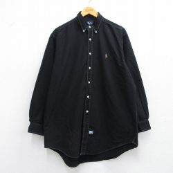 XL★古着 ラルフローレン Ralph Lauren 長袖 ブランド シャツ メンズ 90年代 90s ワンポイントロゴ YARMOUTH オックスフォード 大きいサイズ ロング丈 コットン ボタンダウン 黒 ブラック 25may15 中古 トップス