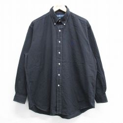 XL★古着 ラルフローレン Ralph Lauren 長袖 ブランド シャツ メンズ 90年代 90s ワンポイントロゴ BLAKE 大きいサイズ コットン ボタンダウン 黒系 ブラック ストライプ 25may16 中古 トップス