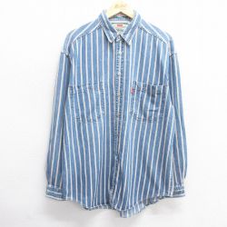 XL★古着 リーバイス Levis 長袖 ブランド シャツ メンズ 00年代 00s ロング丈 コットン 紺他 ネイビー ストライプ デニム 【spe】 25may17 中古 トップス