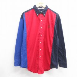 XL★古着 ラルフローレン Ralph Lauren チャップス 長袖 ブランド シャツ メンズ 80年代 80s ワンポイントロゴ マルチカラー ロング丈 コットン ボタンダウン 赤他 レッド 25may17 中古 トップス