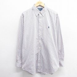 XL★古着 ラルフローレン Ralph Lauren 長袖 ブランド シャツ メンズ 90年代 90s ワンポイントロゴ YARMOUTH オックスフォード 大きいサイズ ロング丈 コットン ボタンダウン 白他 ホワイト チェック 25may20 中古 トップス