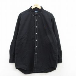 XL★古着 ラルフローレン Ralph Lauren 長袖 ブランド シャツ メンズ 90年代 90s ワンポイントロゴ YARMOUTH オックスフォード ロング丈 大きいサイズ コットン ボタンダウン 黒 ブラック 25may20 中古 トップス