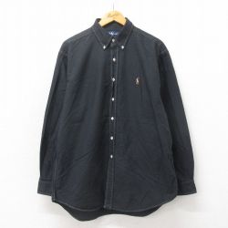【20%OFF】XL★古着 ラルフローレン Ralph Lauren 長袖 ブランド シャツ メンズ 90年代 90s ワンポイントロゴ BLAKE オックスフォード 大きいサイズ ロング丈 コットン ボタンダウン 黒 ブラック 25may20 中古 トップス