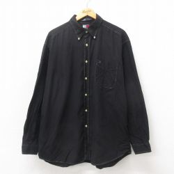 【50%OFF】XL★古着 トミーヒルフィガー TOMMY HILFIGER 長袖 ブランド シャツ メンズ 90年代 90s ワンポイントロゴ 大きいサイズ コットン ボタンダウン 黒 ブラック 25may21 中古 トップス