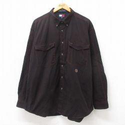 【50%OFF】XL★古着 トミーヒルフィガー TOMMY HILFIGER 長袖 ブランド シャツ メンズ 90年代 90s ワンポイントロゴ 大きいサイズ コットン ボタンダウン 黒系 ブラック 25may21 中古 トップス