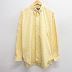 XL★古着 ラルフローレン Ralph Lauren 長袖 ブランド シャツ メンズ 90年代 90s ワンポイントロゴ BLAKE 大きいサイズ ロング丈 コットン ボタンダウン 黄他 イエロー ストライプ 25may21 中古 トップス