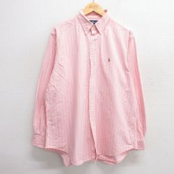XL★古着 ラルフローレン Ralph Lauren 長袖 ブランド シャツ メンズ 90年代 90s ワンポイントロゴ オックスフォード 大きいサイズ ロング丈 コットン ボタンダウン ピンク他 ストライプ 25may21 中古 トップス