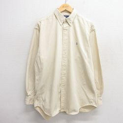 XL★古着 ラルフローレン Ralph Lauren 長袖 ブランド シャツ メンズ 90年代 90s ワンポイントロゴ BLAIRE 大きいサイズ ロング丈 コットン ボタンダウン 薄ベージュ カーキ 25may21 中古 トップス