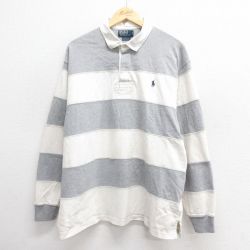 XL★古着 ラルフローレン Ralph Lauren 長袖 ブランド ラガー シャツ メンズ 90年代 90s ワンポイントロゴ 大きいサイズ コットン グレー ボーダー 25may26 中古 トップス