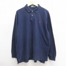 XL★古着 ラルフローレン Ralph Lauren 長袖 ブランド ポロ シャツ メンズ 90年代 90s ワンポイントロゴ 鹿の子 大きいサイズ コットン 濃紺 ネイビー 25may27 中古 トップス