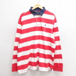 【20%OFF】XL★古着 ラルフローレン Ralph Lauren 長袖 ブランド ラガー シャツ メンズ 90年代 90s ワンポイントロゴ 大きいサイズ コットン 赤他 レッド ボーダー 【spe】 25may27 中古 トップス