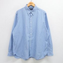 XL★古着 ラルフローレン Ralph Lauren 長袖 ブランド シャツ メンズ 大きいサイズ ロング丈 コットン ボタンダウン 薄紺他 ネイビー ストライプ 25may29 中古 トップス