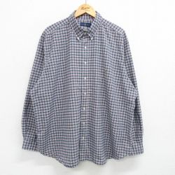 XL★古着 ラルフローレン Ralph Lauren 長袖 ブランド シャツ メンズ ワンポイントロゴ オックスフォード 大きいサイズ ロング丈 コットン ボタンダウン 紺他 ネイビー チェック 25may29 中古 トップス