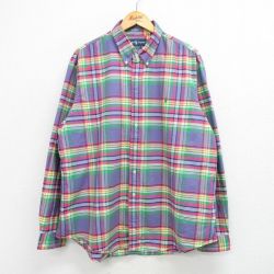 XL★古着 ラルフローレン Ralph Lauren 長袖 ブランド シャツ メンズ 90年代 90s ワンポイントロゴ オックスフォード 大きいサイズ ロング丈 コットン ボタンダウン 薄紫他 パープル チェック 25may29 中古 トップス