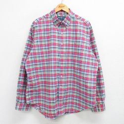 【50%OFF】XL★古着 ラルフローレン Ralph Lauren 長袖 ブランド シャツ メンズ 90年代 90s ワンポイントロゴ オックスフォード 大きいサイズ ロング丈 コットン ボタンダウン 濃ピンク他 チェック 25may29 中古 トップス
