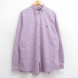 XL★古着 ラルフローレン Ralph Lauren 長袖 ブランド シャツ メンズ ワンポイントロゴ ロング丈 ボタンダウン 赤他 レッド チェック 25jun02 中古 トップス