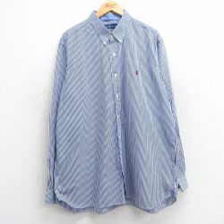 XL★古着 ラルフローレン Ralph Lauren 長袖 ブランド シャツ メンズ ワンポイントロゴ ロング丈 大きいサイズ コットン ボタンダウン 青他 ブルー ストライプ 25jun02 中古 トップス