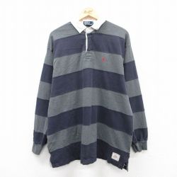 【50%OFF】XL★古着 ラルフローレン Ralph Lauren 長袖 ブランド ラガー シャツ メンズ ワンポイントロゴ 大きいサイズ コットン 紺他 ネイビー ボーダー 25jun03 中古 トップス