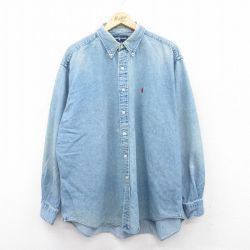 XL★古着 ラルフローレン Ralph Lauren 長袖 ブランド シャツ メンズ 90年代 90s ワンポイントロゴ BLAKE 大きいサイズ コットン ボタンダウン 薄紺 ネイビー デニム 25jun03 中古 トップス
