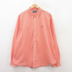 XL★古着 ラルフローレン Ralph Lauren 長袖 ブランド シャツ メンズ 90年代 90s ワンポイントロゴ 大きいサイズ コットン ボタンダウン オレンジ他 ギンガム チェック 25jun03 中古 トップス