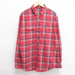 XL★古着 ラルフローレン Ralph Lauren 長袖 ブランド シャツ メンズ 90年代 90s ワンポイントロゴ 大きいサイズ コットン 赤他 レッド チェック 25jun11 中古 トップス