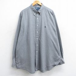 XL★古着 ラルフローレン Ralph Lauren 長袖 ブランド シャツ メンズ 90年代 90s ワンポイントロゴ 千鳥格子 YARMOUTH 大きいサイズ ロング丈 コットン ボタンダウン 黒他 ブラック 25jun11 中古 トップス