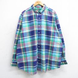 XL★古着 ラルフローレン Ralph Lauren 長袖 ブランド シャツ メンズ ワンポイントロゴ オックスフォード 大きいサイズ ロング丈 コットン ボタンダウン 紺他 ネイビー チェック 25jun11 中古 トップス