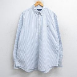 XL★古着 ラルフローレン Ralph Lauren 長袖 ブランド シャツ メンズ ワンポイントロゴ オックスフォード 大きいサイズ ロング丈 コットン ボタンダウン 薄紺他 ネイビー ストライプ 25jun11 中古 トップス