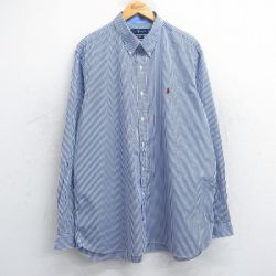 XL★古着 ラルフローレン Ralph Lauren 長袖 ブランド シャツ メンズ ワンポイントロゴ 大きいサイズ ロング丈 コットン ボタンダウン 青他 ブルー ストライプ 25jun13 中古 トップス
