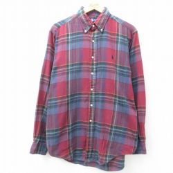 XL★古着 ラルフローレン Ralph Lauren 長袖 ブランド シャツ メンズ 90年代 90s ワンポイントロゴ 大きいサイズ コットン ボタンダウン 赤他 レッド チェック 25jun14 中古 トップス