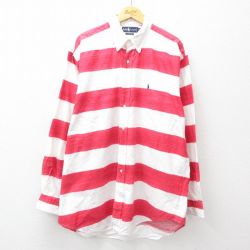 XL★古着 ラルフローレン Ralph Lauren 長袖 ブランド シャツ メンズ 90年代 90s ワンポイントロゴ 大きいサイズ ロング丈 コットン 白他 ホワイト ボーダー 【spe】 25jun14 中古 トップス