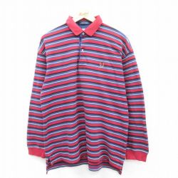 L★古着 トミーヒルフィガー TOMMY HILFIGER 長袖 ブランド ポロ シャツ メンズ 90年代 90s ワンポイントロゴ 鹿の子 コットン 赤他 レッド ボーダー 25jun14 中古 トップス