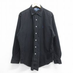 XL★古着 ラルフローレン Ralph Lauren 長袖 ブランド シャツ メンズ 90年代 90s ワンポイントロゴ ANDREW ロング丈 コットン 黒 ブラック ストライプ 25jun14 中古 トップス
