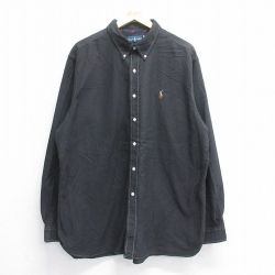 【50%OFF】XL★古着 ラルフローレン Ralph Lauren 長袖 ブランド シャツ メンズ 90年代 90s ワンポイントロゴ 大きいサイズ ロング丈 コットン ボタンダウン 黒 ブラック 25jun14 中古 トップス