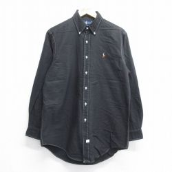 【50%OFF】L★古着 ラルフローレン Ralph Lauren 長袖 ブランド シャツ メンズ 90年代 90s ワンポイントロゴ オックスフォード ロング丈 コットン ボタンダウン 黒 ブラック 25jun16 中古 トップス