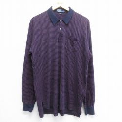 【50%OFF】L★古着 ラルフローレン Ralph Lauren 長袖 ブランド ポロ シャツ メンズ 90年代 90s 裾ロゴ コットン 紺他 ネイビー ボーダー 【spe】 25jun16 中古 トップス