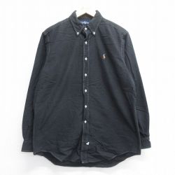 【50%OFF】XL★古着 ラルフローレン Ralph Lauren 長袖 ブランド シャツ メンズ 90年代 90s ワンポイントロゴ オックスフォード ロング丈 コットン ボタンダウン 黒 ブラック 25jun16 中古 トップス