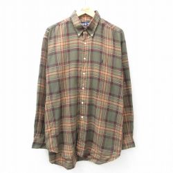 XL★古着 ラルフローレン Ralph Lauren 長袖 ブランド シャツ メンズ 90年代 90s ワンポイントロゴ 大きいサイズ ロング丈 コットン ボタンダウン 濃緑他 グリーン チェック 25jun17 中古 トップス