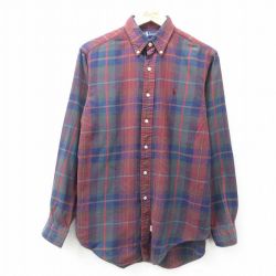 【20%OFF】L★古着 ラルフローレン Ralph Lauren 長袖 ブランド シャツ メンズ 90年代 90s ワンポイントロゴ コットン ボタンダウン エンジ他 チェック 25jun17 中古 トップス