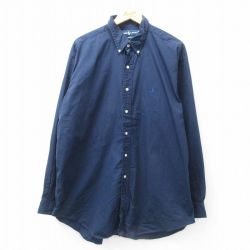 XL★古着 ラルフローレン Ralph Lauren 長袖 ブランド シャツ メンズ 90年代 90s ワンポイントロゴ BLAKE 大きいサイズ ロング丈 コットン ボタンダウン 紺 ネイビー 25jun17 中古 トップス