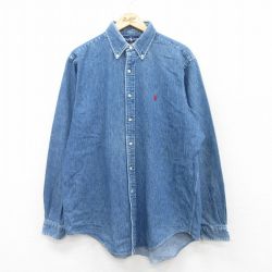 XL★古着 ラルフローレン Ralph Lauren 長袖 ブランド シャツ メンズ 90年代 90s ワンポイントロゴ ロング丈 コットン ボタンダウン 紺 ネイビー デニム 【spe】 25jun17 中古 トップス