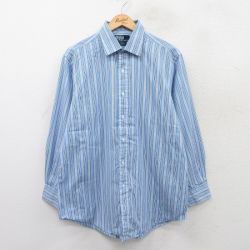 XL★古着 ラルフローレン Ralph Lauren 長袖 ブランド シャツ メンズ 90年代 90s CURHAM ロング丈 コットン 薄紺他 ネイビー ストライプ 25jun17 中古 トップス
